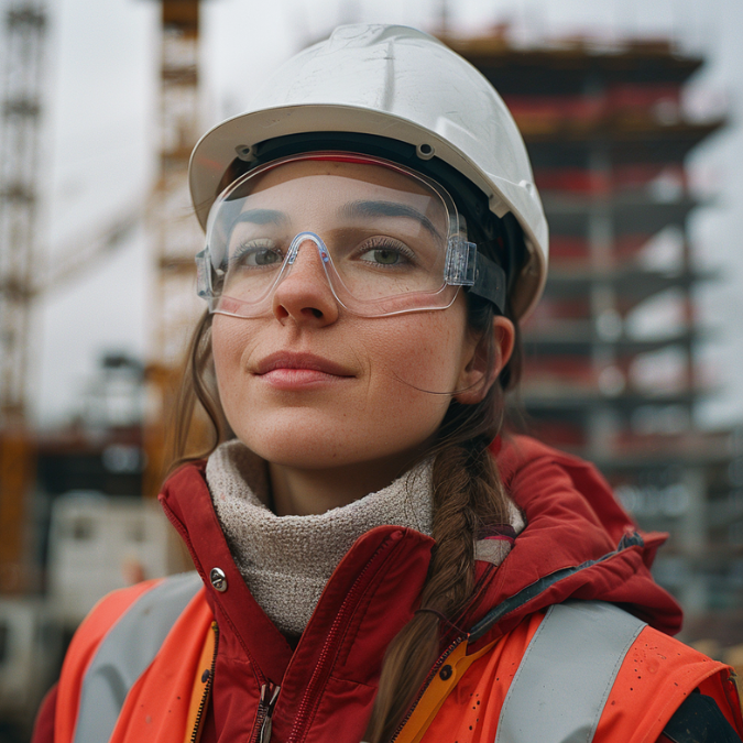 Prevencionista con casco y lentes de seguridad en faena