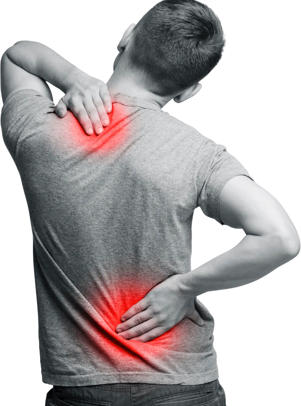 Zonas donde se acumula la tensión del trabajo de escritorio: cuello, hombros, espalda alta y lumbar