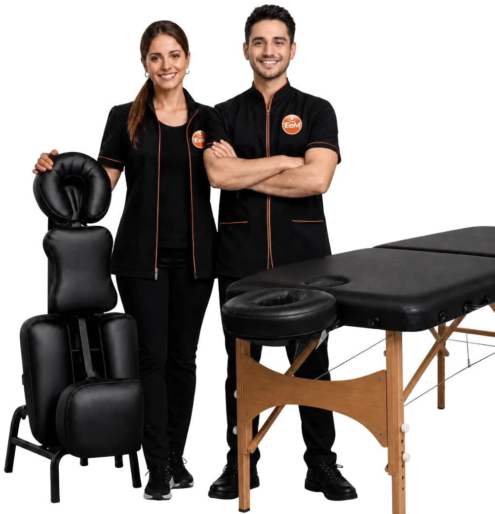 Terapeutas certificados EEM con silla y camilla de masajes