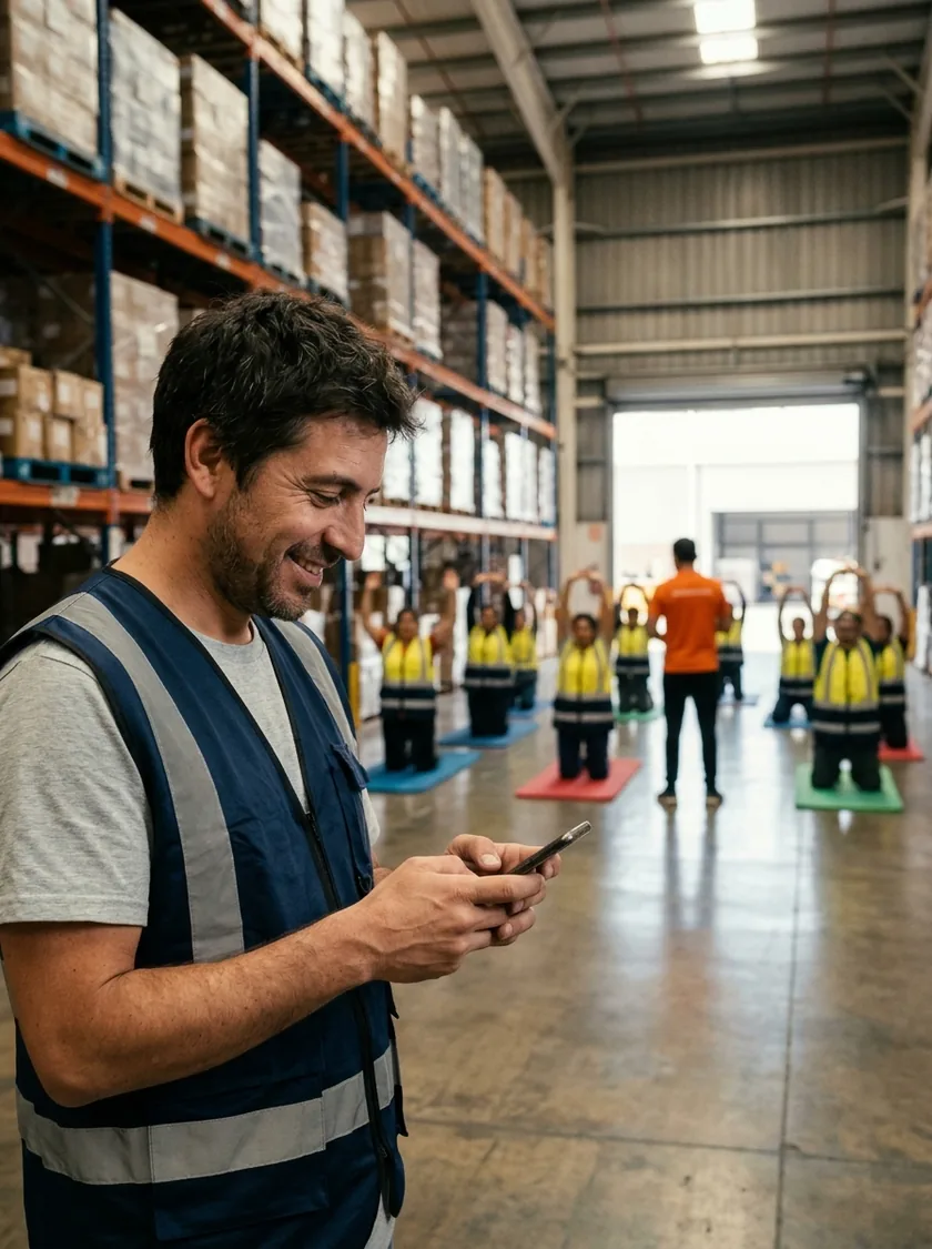 Operario de un centro de distribución responde la reseña en su celular mientras sus compañeros hacen la pausa activa