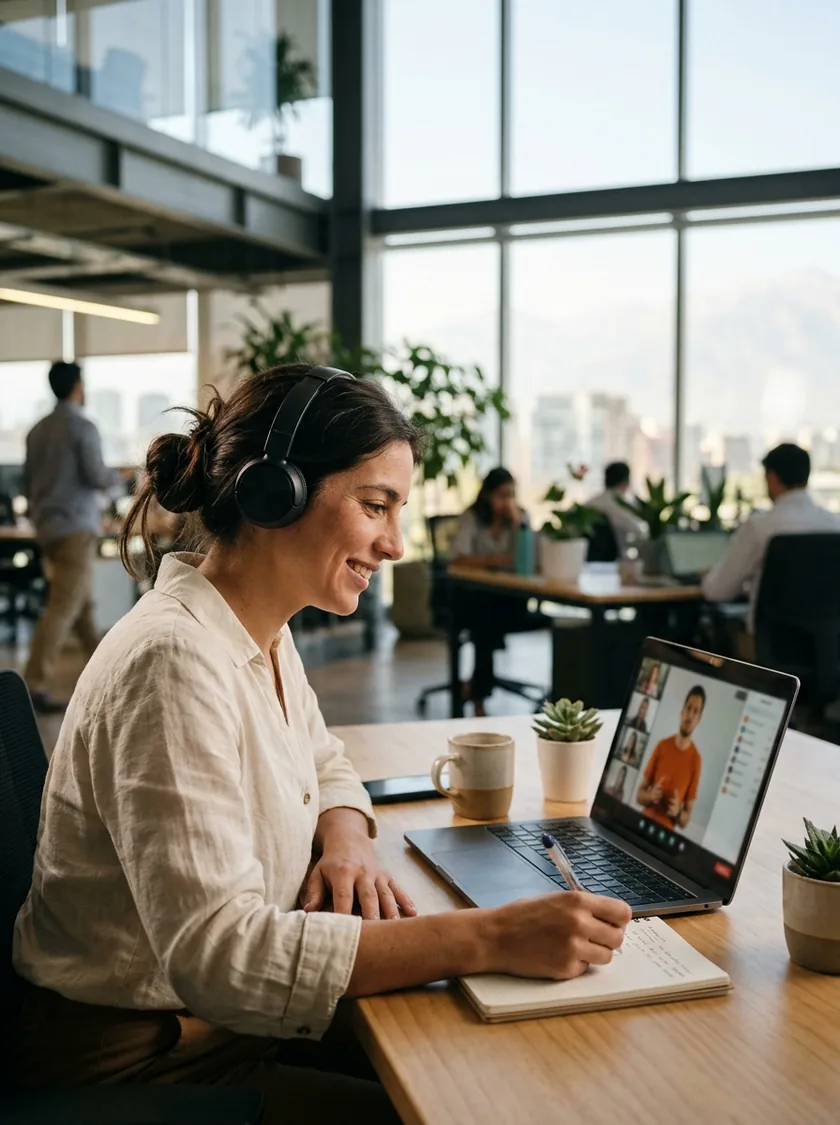 Trabajadora con audífonos participa desde su notebook en un conversatorio online de bienestar dictado por EEM